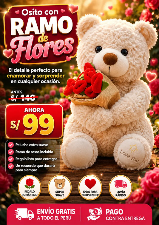 OSITO CON RAMO DE FLORES